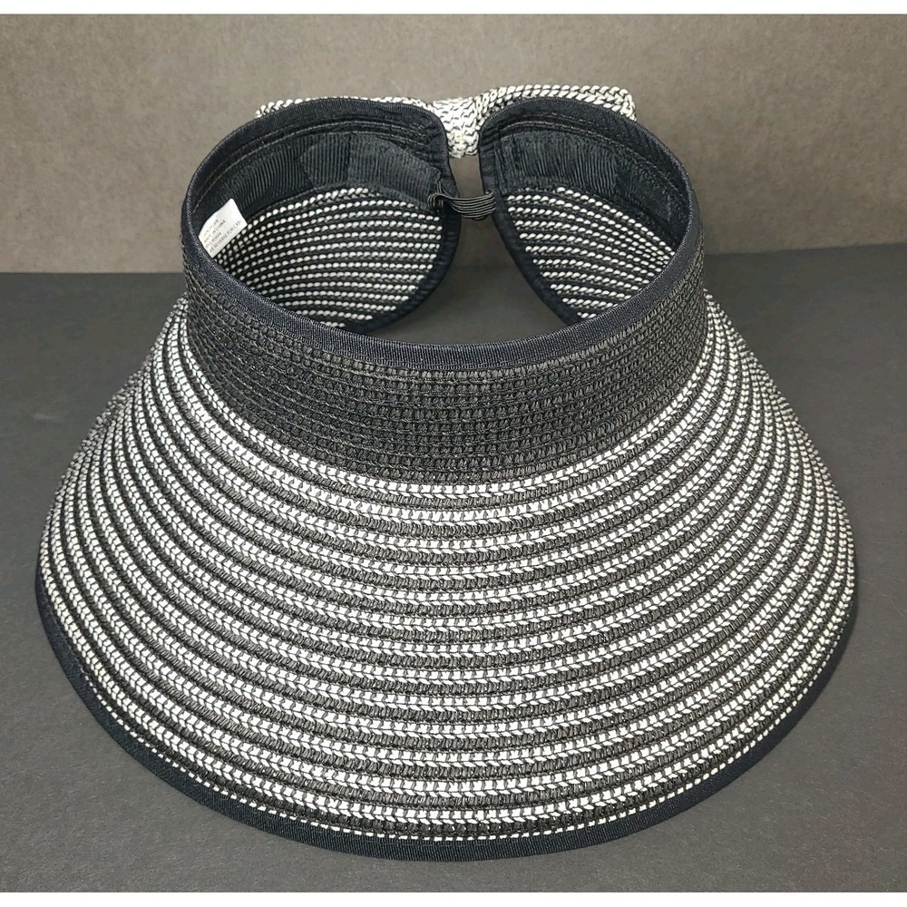 Magid Roll Up Visor Hat Womens Black White Straw Packable Adjustable Sun Hat
